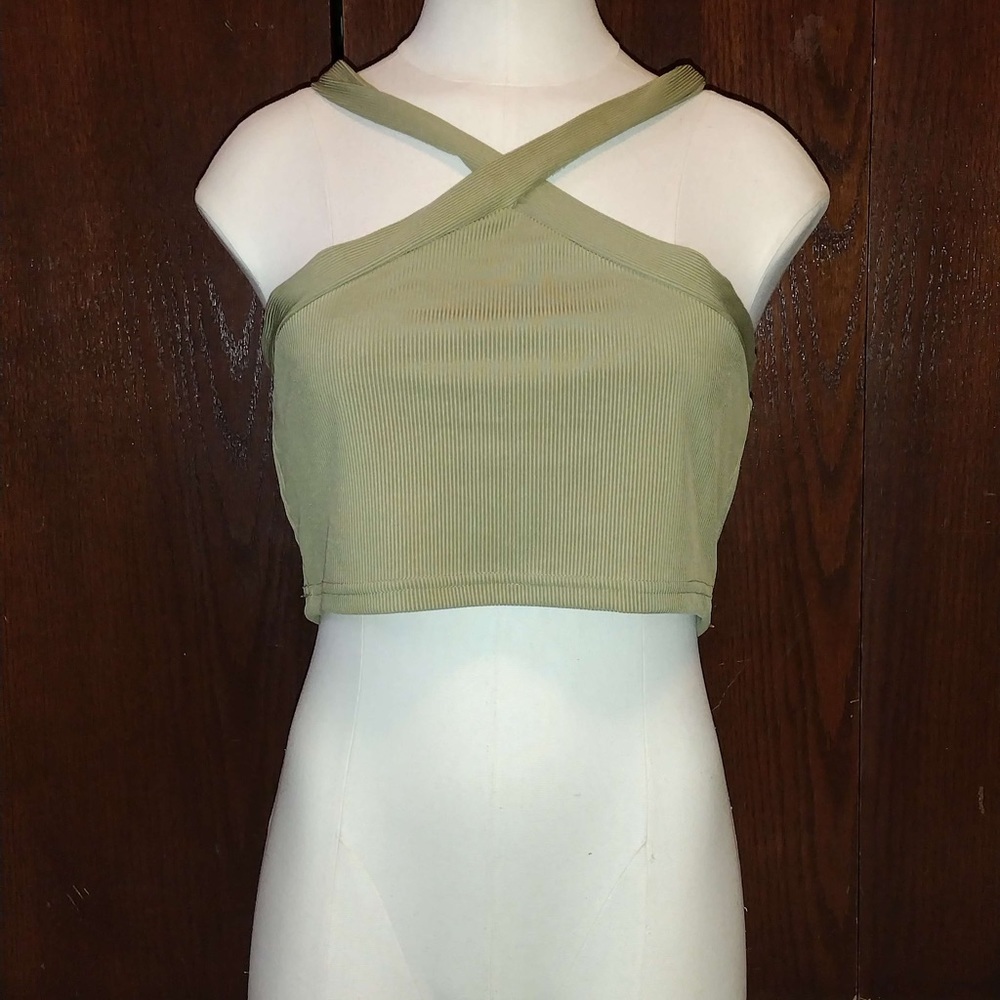 Olive green twisted strap rib knit top